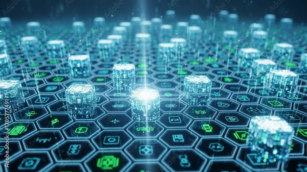 custom made wallpaper toronto digitalExploring a Futuristic Digital Landscape with Glowing Hexagonal Grid and Data Cubes Representing Advanced Technology and Innovative Solutions in a Networked Environment