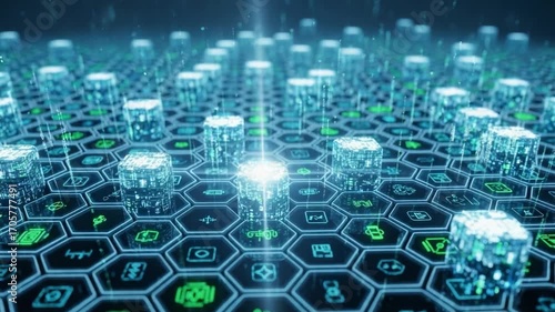 Wallpaper Mural Exploring a Futuristic Digital Landscape with Glowing Hexagonal Grid and Data Cubes Representing Advanced Technology and Innovative Solutions in a Networked Environment Torontodigital.ca