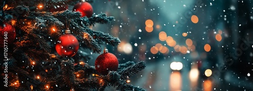 Snow Falls Gently on a Decorated Christmas Tree in a City Street During Winte...