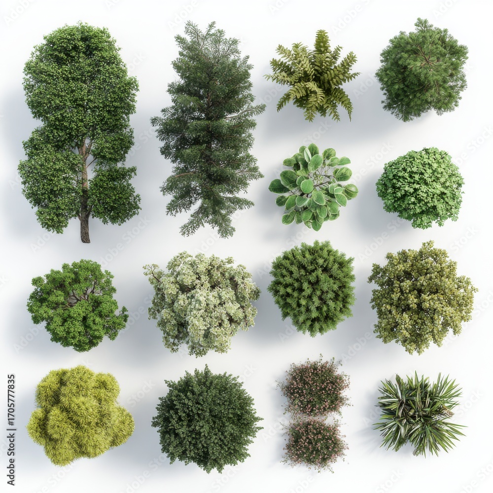 Obraz premium Top view of various plants and trees, isolated on a white background. 3D rendering