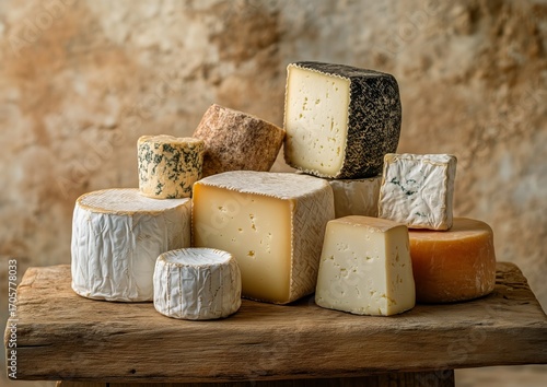 Artisan Cheese Selection Displayed on Rustic Wooden Board With Textured Backg...