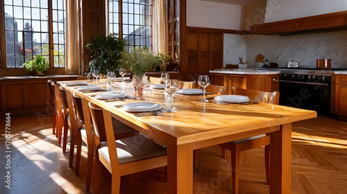 Cozy and modern kitchen interior with an elegant wooden dining table, chairs, and place settings in a warm and peaceful atmosphere.