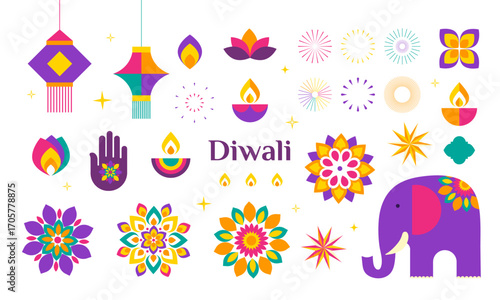 Diwali element set in trendy geometric style with diya lamp, mandala, lanterns, fireworks and elephant. Indian festival of lights. Vector template for greeting card, poster, banner, holiday decor
