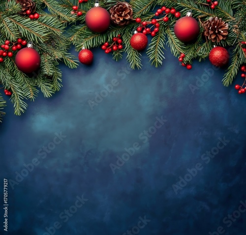 Festive Christmas Decorations With Red Ornaments and Pine Branches on a Blue ...