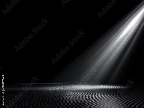 Dramatic beam of light spotlighting a checkered floor in a pitch-black void, creating a stark contrast. Dynamic and minimal, a powerful visual effect