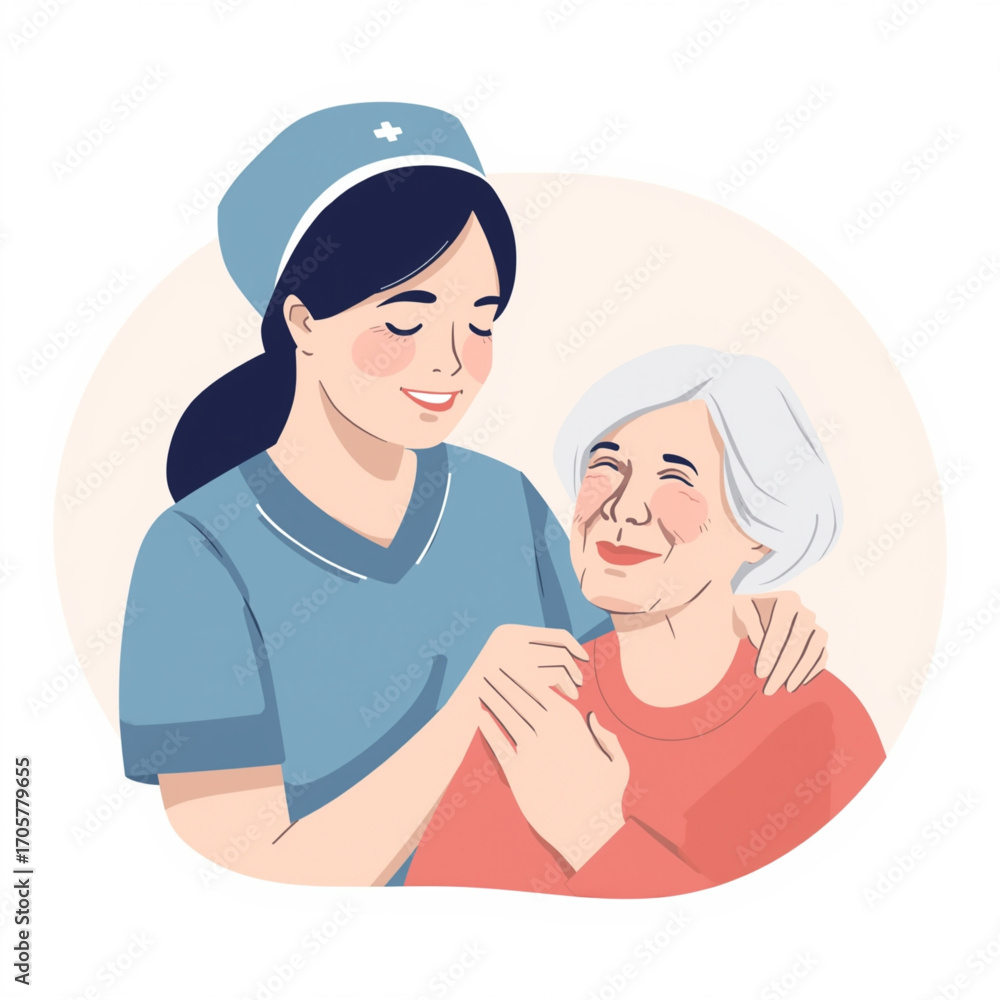 Obraz premium Caring nurse gently holds hands with elderly woman