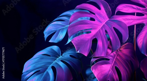 Vibrant Tropical Leaves Illuminated With Purple and Blue Lights Create a Mesm...