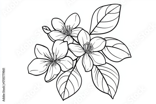 Citrus blossom line art, kids coloring page in simple black and white vector style with clean outlines and minimal design