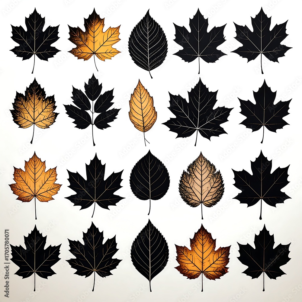 Fototapeta premium Autumn leaves, various shapes and colors, graphic design
