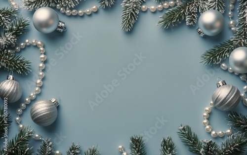 Winter Holiday Decoration With Silver Ornaments and Pine Branches on Blue Bac...