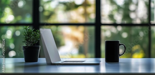 Laptop on a Wooden Desk With a Coffee Mug and Indoor Plants in a Well-Lit Mod...