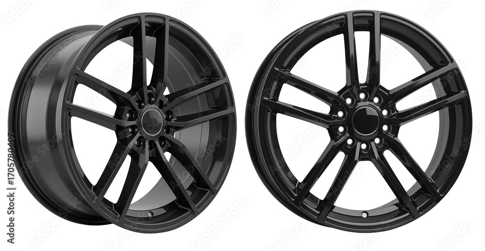 Obraz premium Black alloy wheels in various angles showcasing modern design on a transparent background