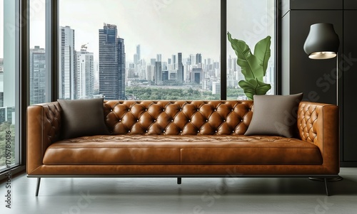 Modern Living Room With Brown Leather Couch and City Skyline View at Daylight