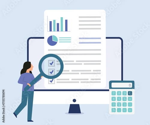 Auditing and business analysis concept, professional check, vector illustration