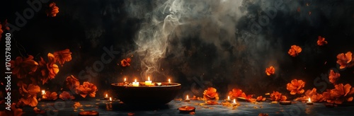 Festive Celebration With Candles and Flowers Creating a Mystical Atmosphere a...