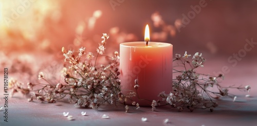 Warm Candle Glows Amid Delicate Flowers for a Serene Atmosphere in a Cozy Set...