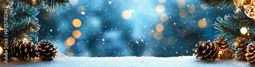 Beautiful Winter Background With Pinecones, Holiday Lights, and Snowflakes Du...