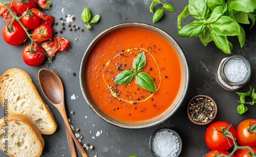 Delicious Tomato Soup With Fresh Basil Served Alongside Crusty Bread and Ripe...