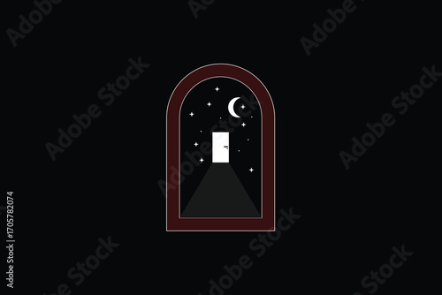 Minimal Doorway and Night Sky Logo with Stars and Moon
