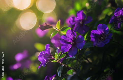 Bright Purple Flowers Bloom in a Sunlit Garden During Late Afternoon.