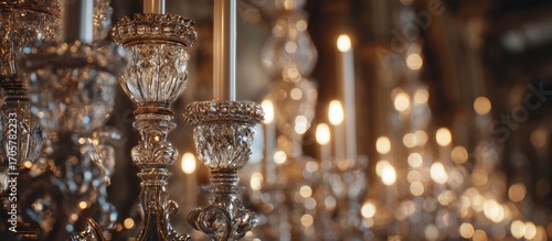 Ornate crystal candelabras with warm candlelight glow, detailed close-up showcasing intricate craftsmanship in a grand hall setting, blurred background suggesting many similar pieces