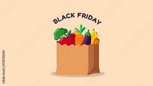Black friday grocery bag filled with fresh fruits and vegetables