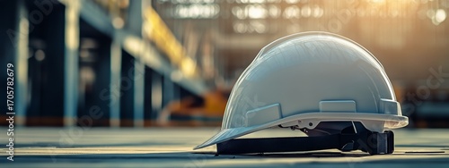 Construction Helmet Rests on the Floor of a Partially Completed Building Duri...
