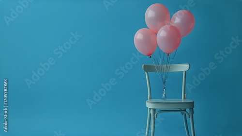 Pink Balloons Tied to a Light Blue Chair Against a Vibrant Blue Background