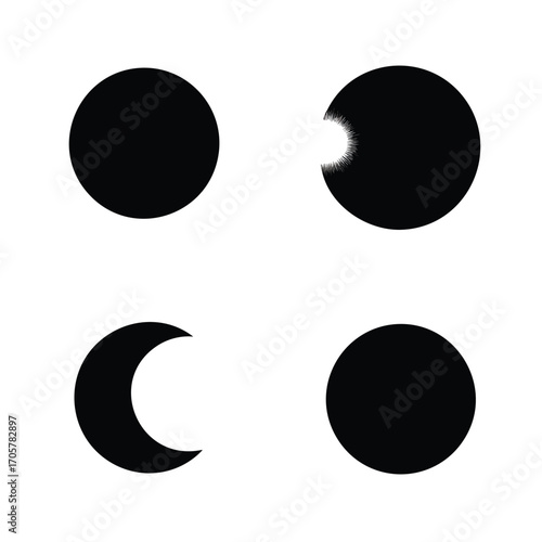 Minimalist black icons depicting the phases of the moon and a solar eclipse.