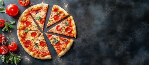 Enjoy Delicious Slices of Pizza Topped With Fresh Basil and Olives on a Black...