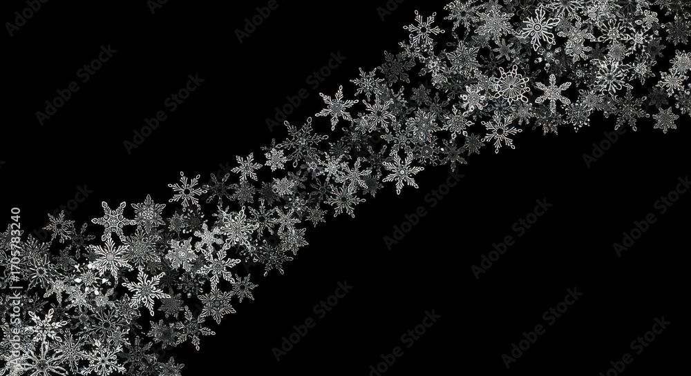 Obraz premium Elegant black background with a diagonal cascade of artistic snowflake designs