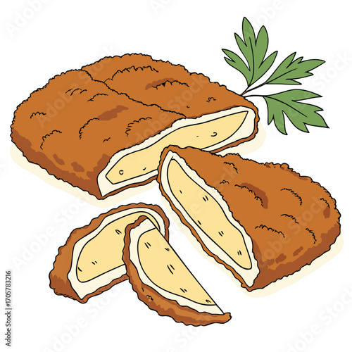 Breaded Schnitzel Slices with Parsley Garnish on White Background fried meat