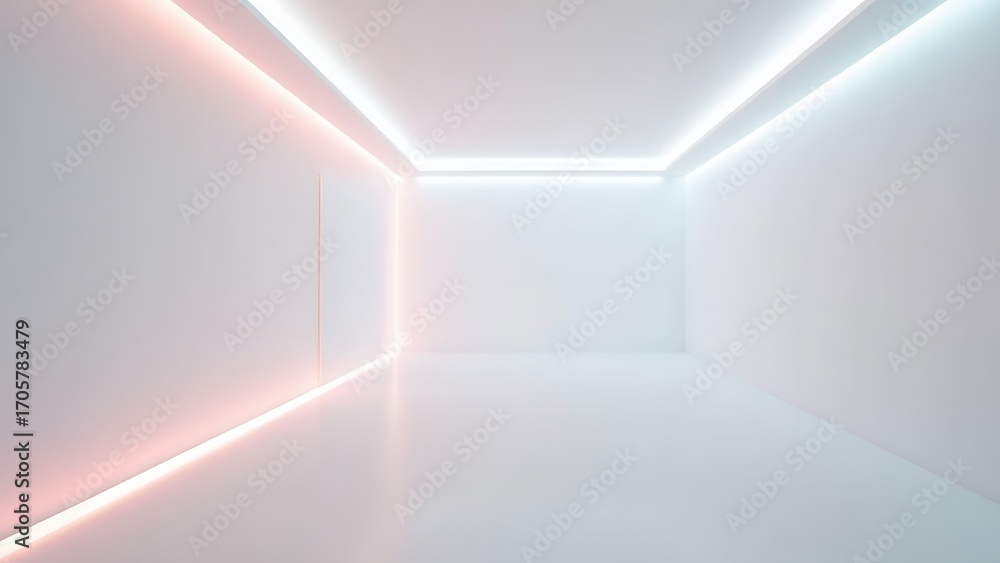 Fototapeta premium Contemporary Minimalist Interior with Gradient LED Lighting on Walls and Ceiling, Offering a Clean and Modern Aesthetic for Product Display or Virtual Environments