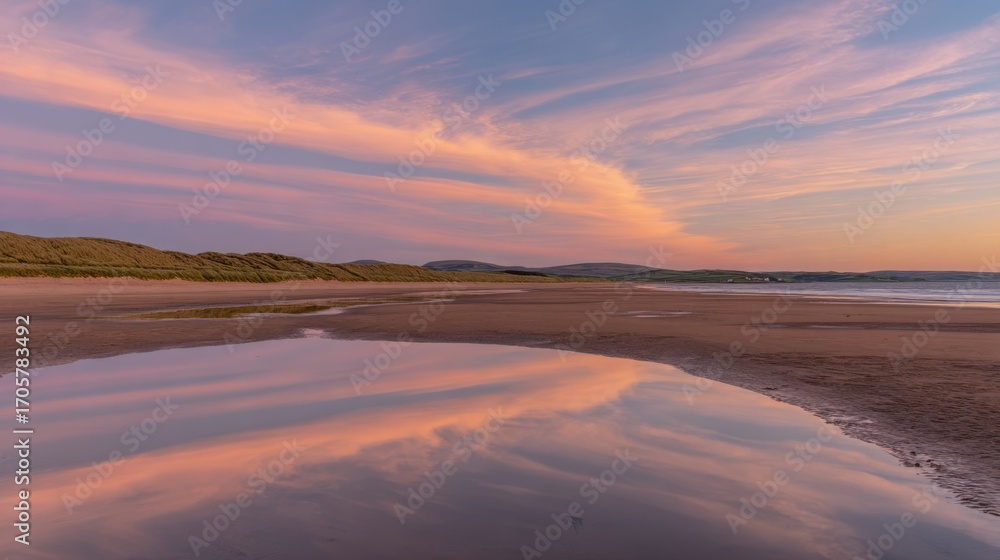 Fototapeta premium sand. A breathtaking tropical beach sunset with vibrant clouds and golden reflections on the wet sand. inspiring travel planning, travel magazines, designed for outdoor magazines and nature guides.