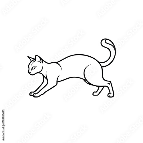Minimalist black outline drawing of a sleek feline in a crouching stalking pose.
