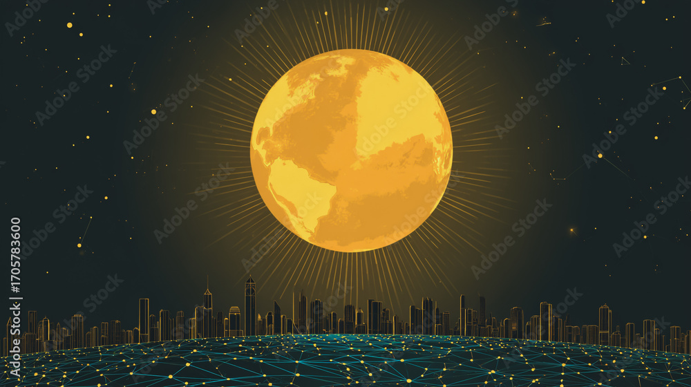 Naklejka premium Sunshine in the Smart digital Innovation city with connection network reciprocity over the cityscape. of future smart wireless digital city and social media networking systems that connects people