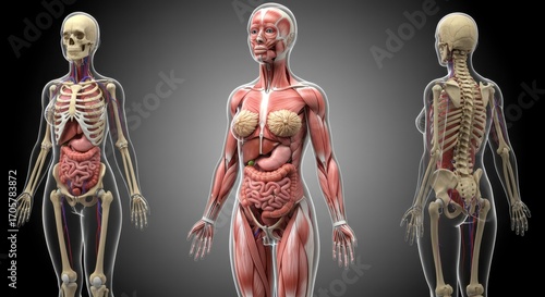 Female anatomy exploration showcasing skeletal muscular and internal organ systems in detail