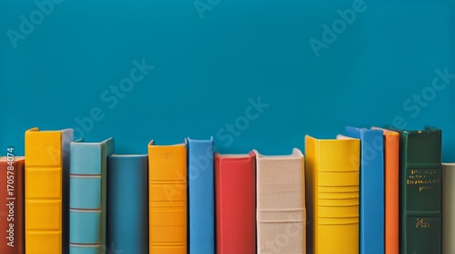 Colorful Array of Books Lined up Against Vibrant Blue Backdrop in a Playful D...