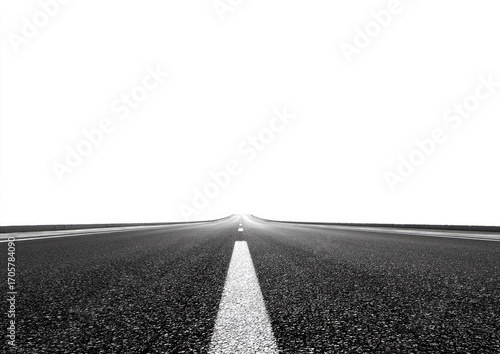 Straight asphalt road disappearing into a white background