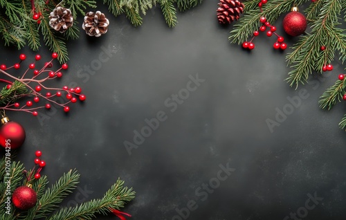 Christmas Decorations With Pine Branches and Red Ornaments on a Dark Background.