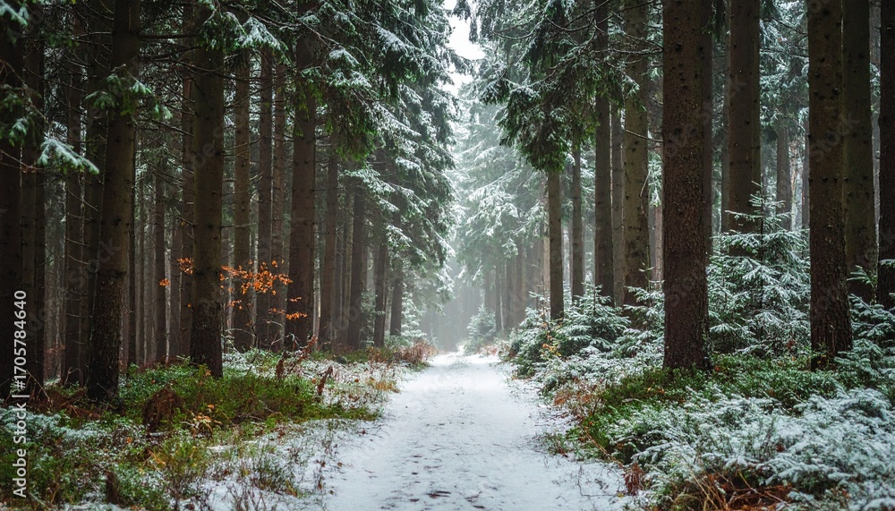 Obraz premium Evergreen forest trail with first snowfall, muted palette