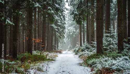 Evergreen forest trail with first snowfall, muted palette