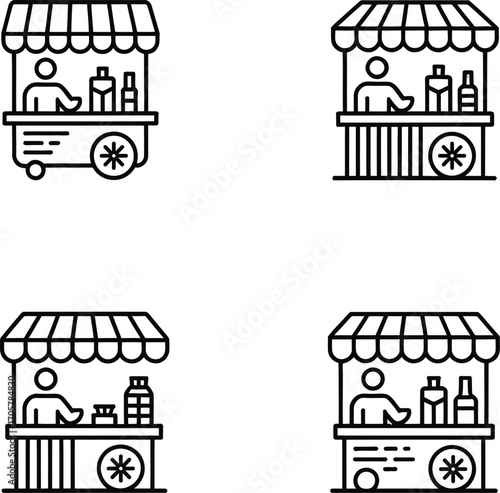 Market Stall Icon Pack – 4 Black & White Vendor Booth Vectors with Bottles, Boxes & Canopy