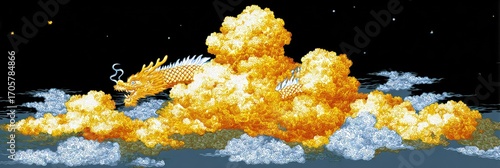 Pixelated dragon amidst golden clouds at night