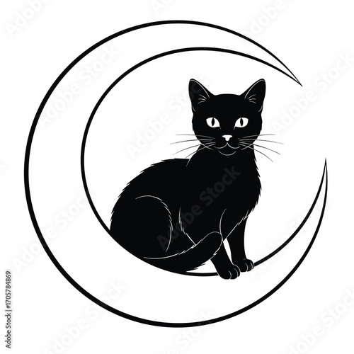 Mystical black cat with bright eyes sitting on a simple crescent moon line art illustration.