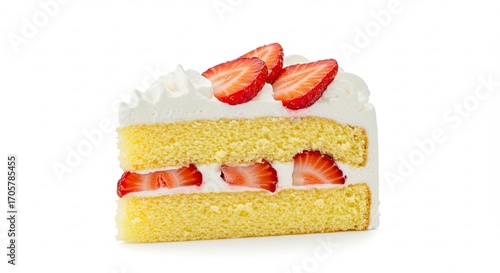Cake Slice with Fresh Red Strawberries and Whipped Cream on White Background