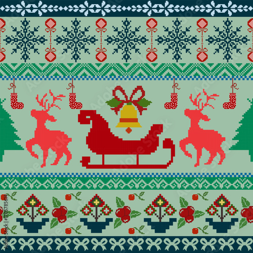 Christmas Cross Stitch Seamless Pixel Art Pattern with Red Sleigh, Reindeer, Bell, and Snowflakes for Holiday Textile, Embroidery, fabric, Vector Illustration and Textile Design, wallpaper, and decor
