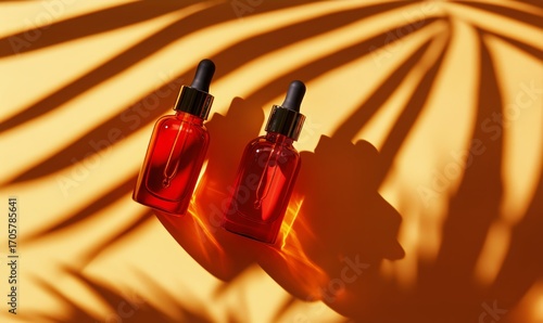 Elegant Red Serum Bottles Casting Shadows on Vibrant Orange Backdrop