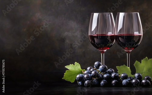 Red Wine Glasses Beside Fresh Grapes on a Dark Textured Surface During a Cozy...