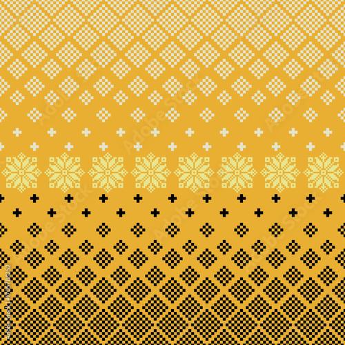 Gold Pixel Gradient Seamless Pattern with Traditional Nordic Cross Stitch Snowflakes for Embroidery, fabric, Vector Illustration and Textile Design, wallpaper, and decoration.